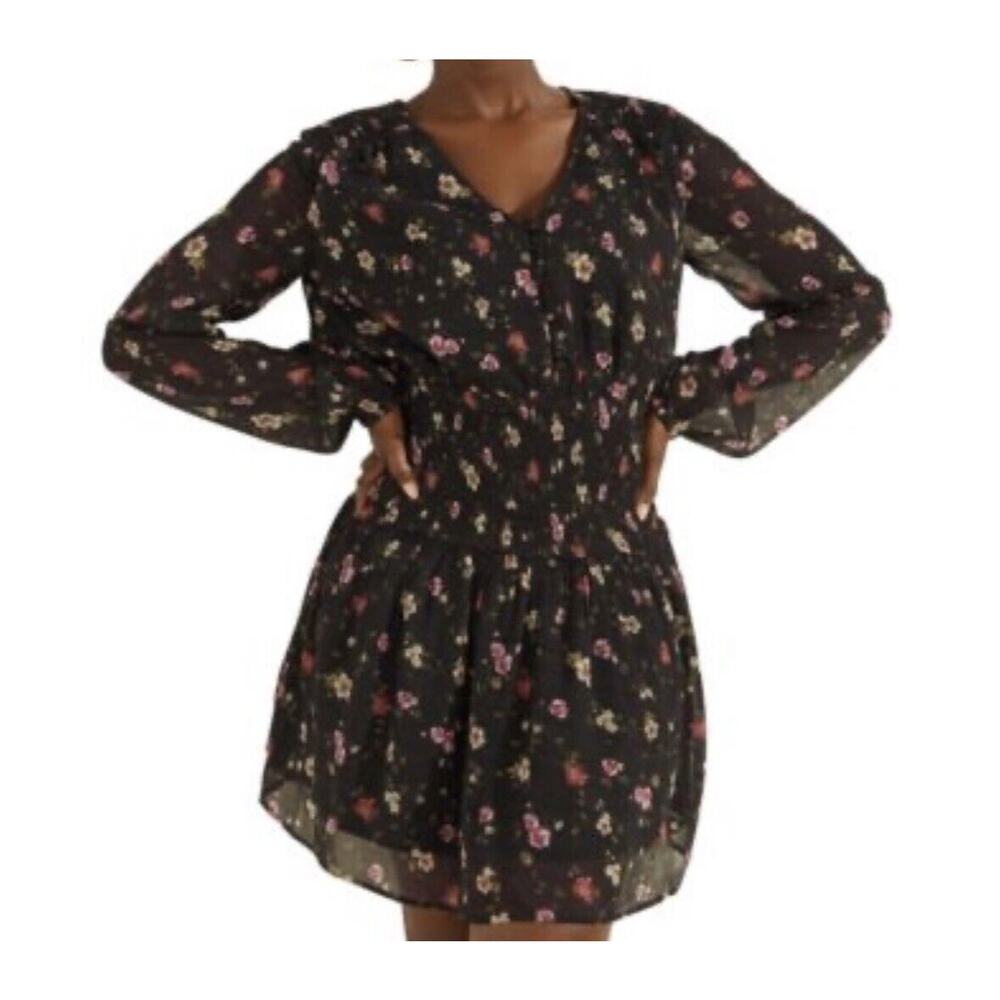 Guess Womens Dress Floral Print Puffed Transparent Sleeves Black Size XL NWT